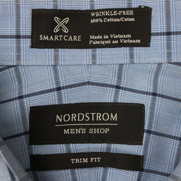 Nordstrom Shirt Mens 17, 34/35 Blue Smartcare Wrinkle-Free Cotton Trim Fit L/S - Picture 8 of 13